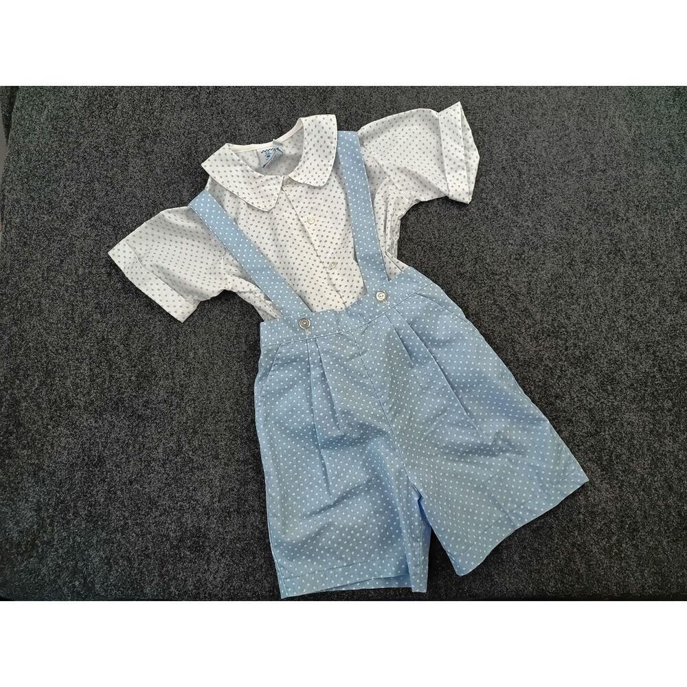 Vintage Kelly's Kids Boys Polka Dot Shirt & Suspender Shorts Set Blue White 5